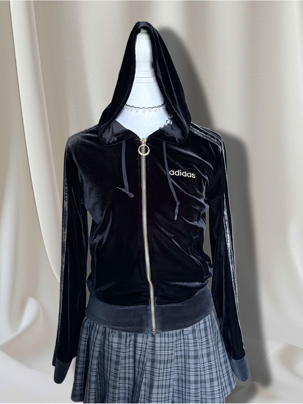 Vintage Adidas Black Velour Zip-Up Hoodie | Made in Korea Y2K